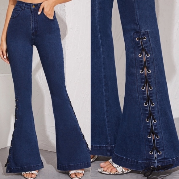 BECKY lace up detail Bell Bottom Jeans - Picture 3 of 3